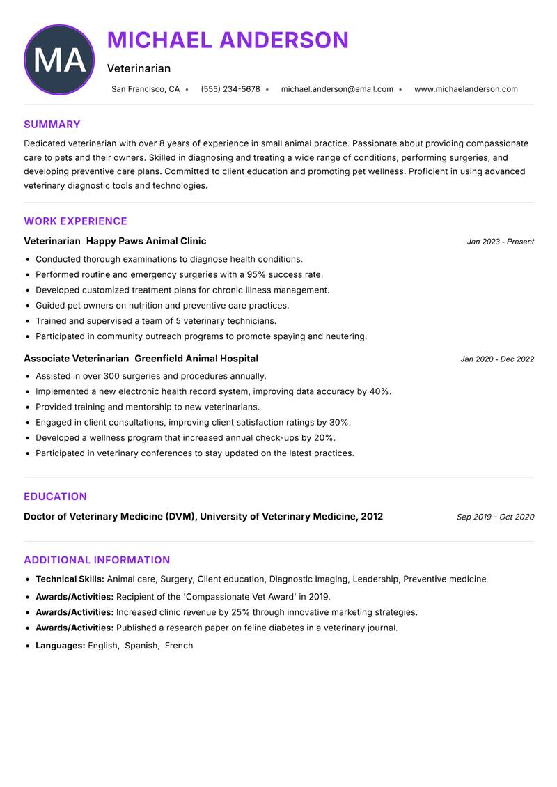 Veterinarian resume example — ATS-friendly template