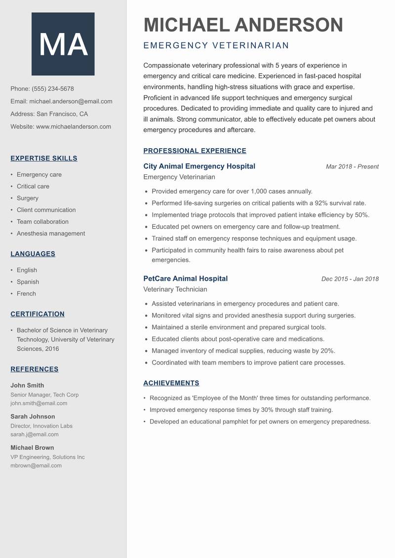 Veterinarian resume template — Creative Minimal