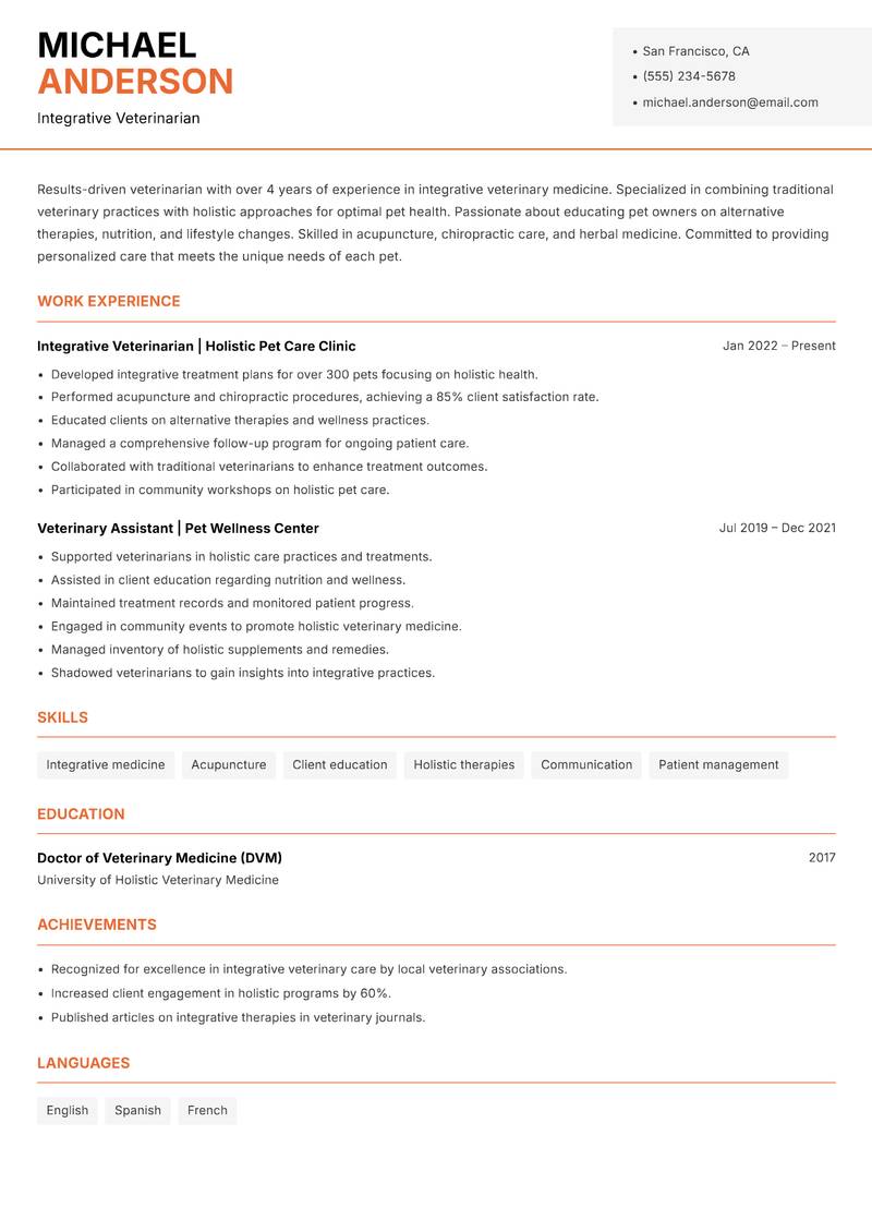 Veterinarian resume template — Modern Professional