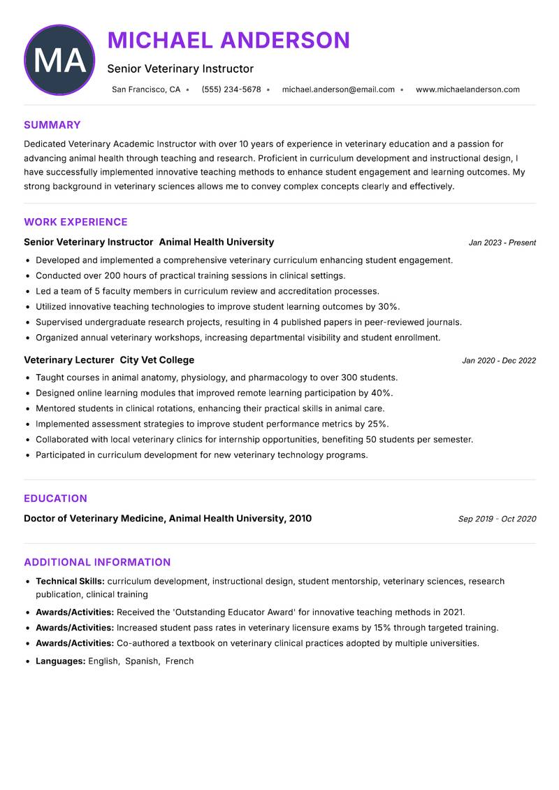 Veterinary Academic Instructor resume example — ATS-friendly template