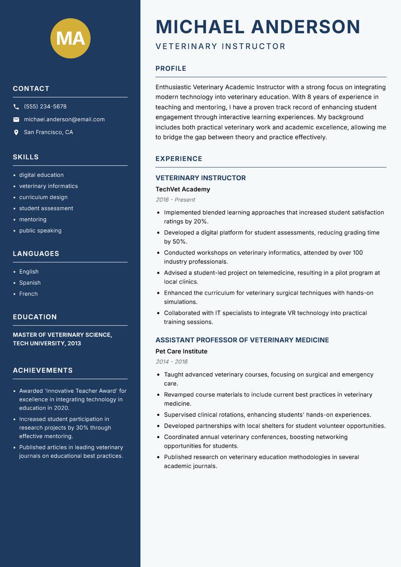 Veterinary Academic Instructor resume template — Classic Clean