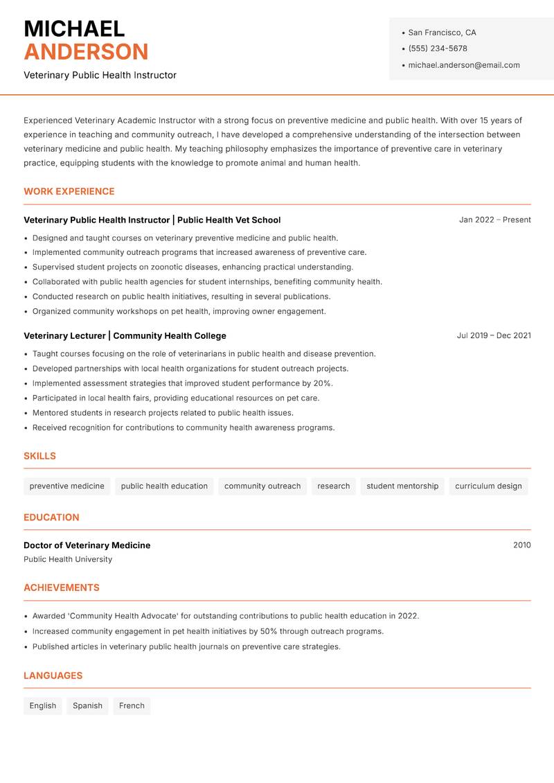 Veterinary Academic Instructor resume template — Modern Professional