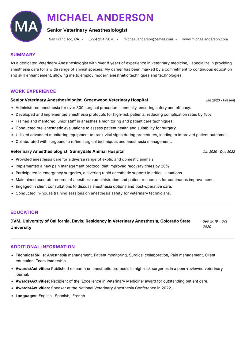 Veterinary Anesthesiologist resume example — ATS-friendly template