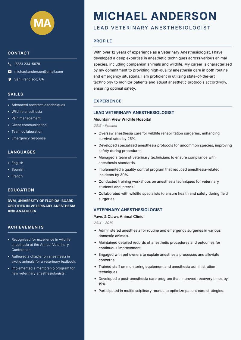 Veterinary Anesthesiologist resume template — Classic Clean