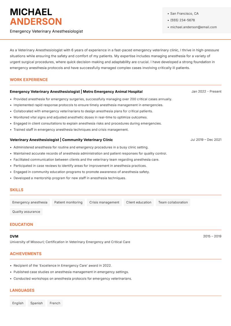 Veterinary Anesthesiologist resume template — Modern Professional