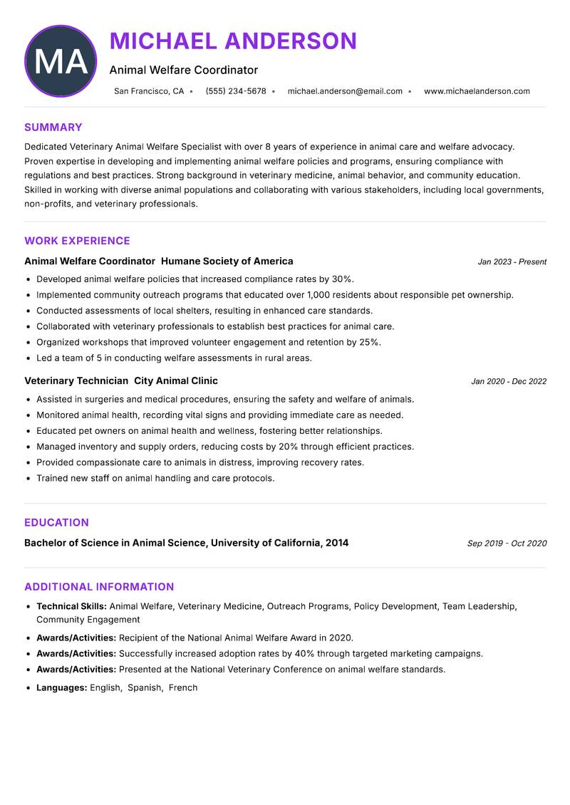 Veterinary Animal Welfare Specialist resume example — ATS-friendly template