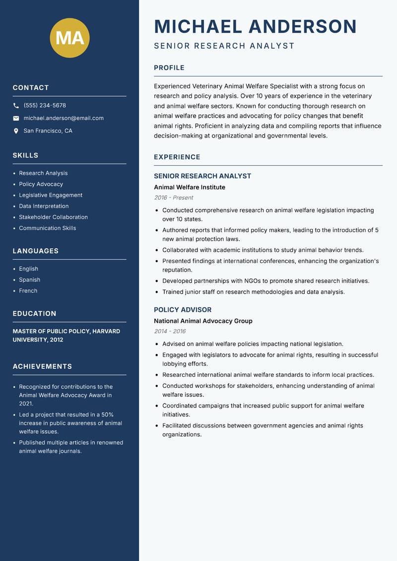 Veterinary Animal Welfare Specialist resume template — Classic Clean