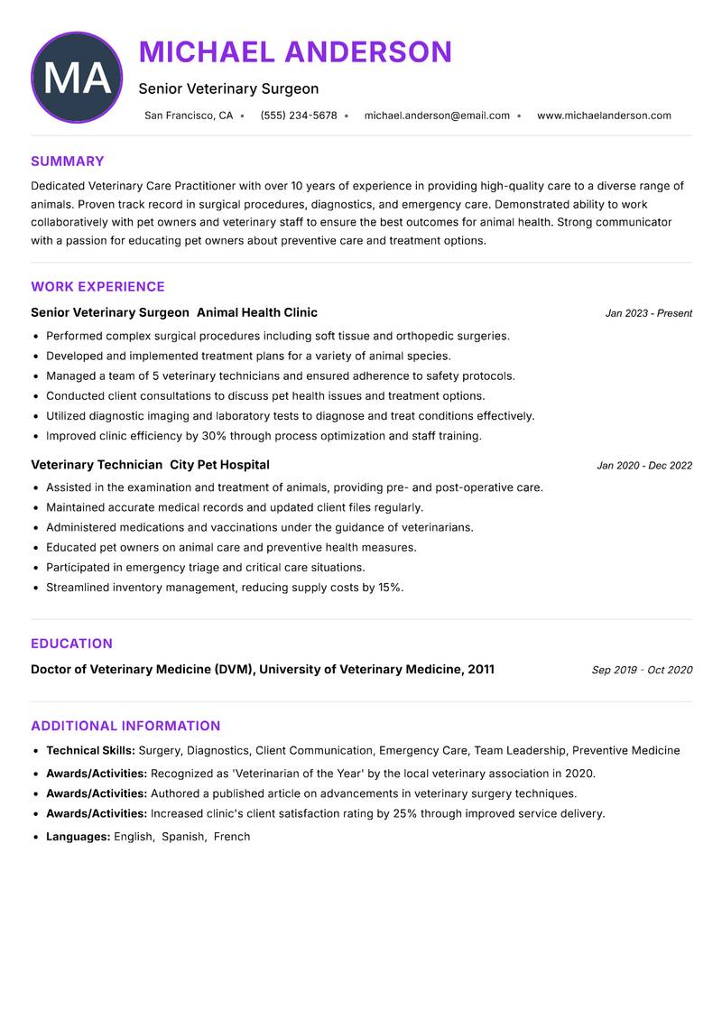 Veterinary Care Practitioner resume example — ATS-friendly template