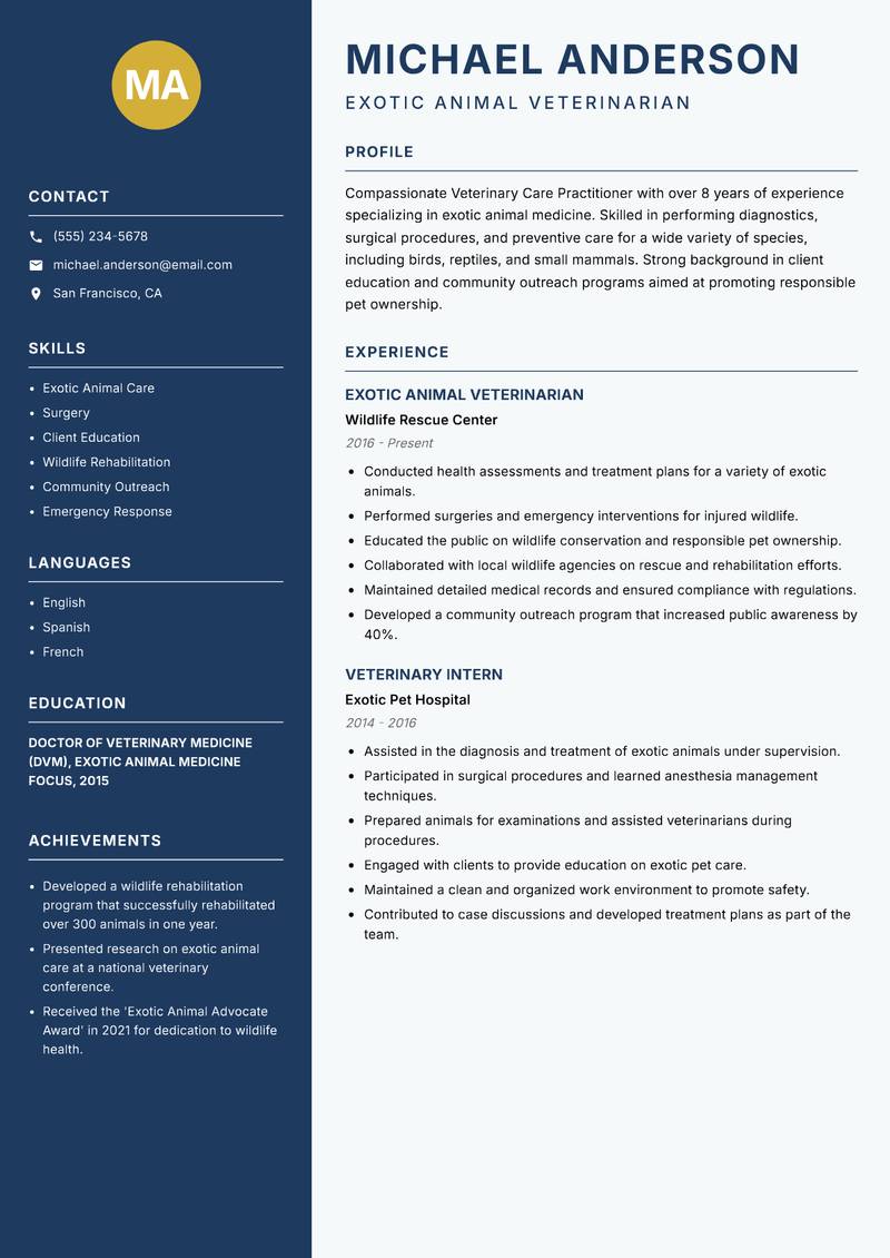Veterinary Care Practitioner resume template — Classic Clean