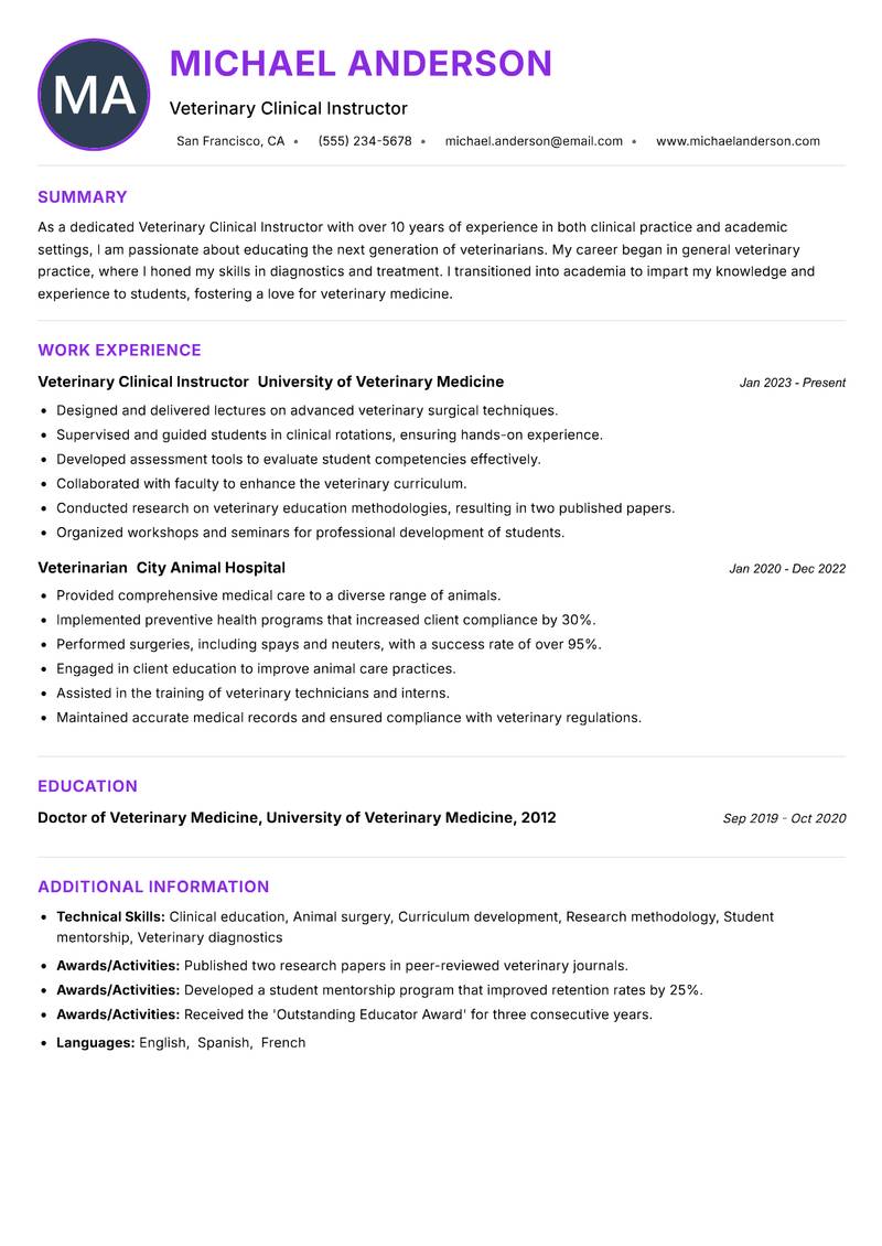 Veterinary Clinical Instructor resume example — ATS-friendly template