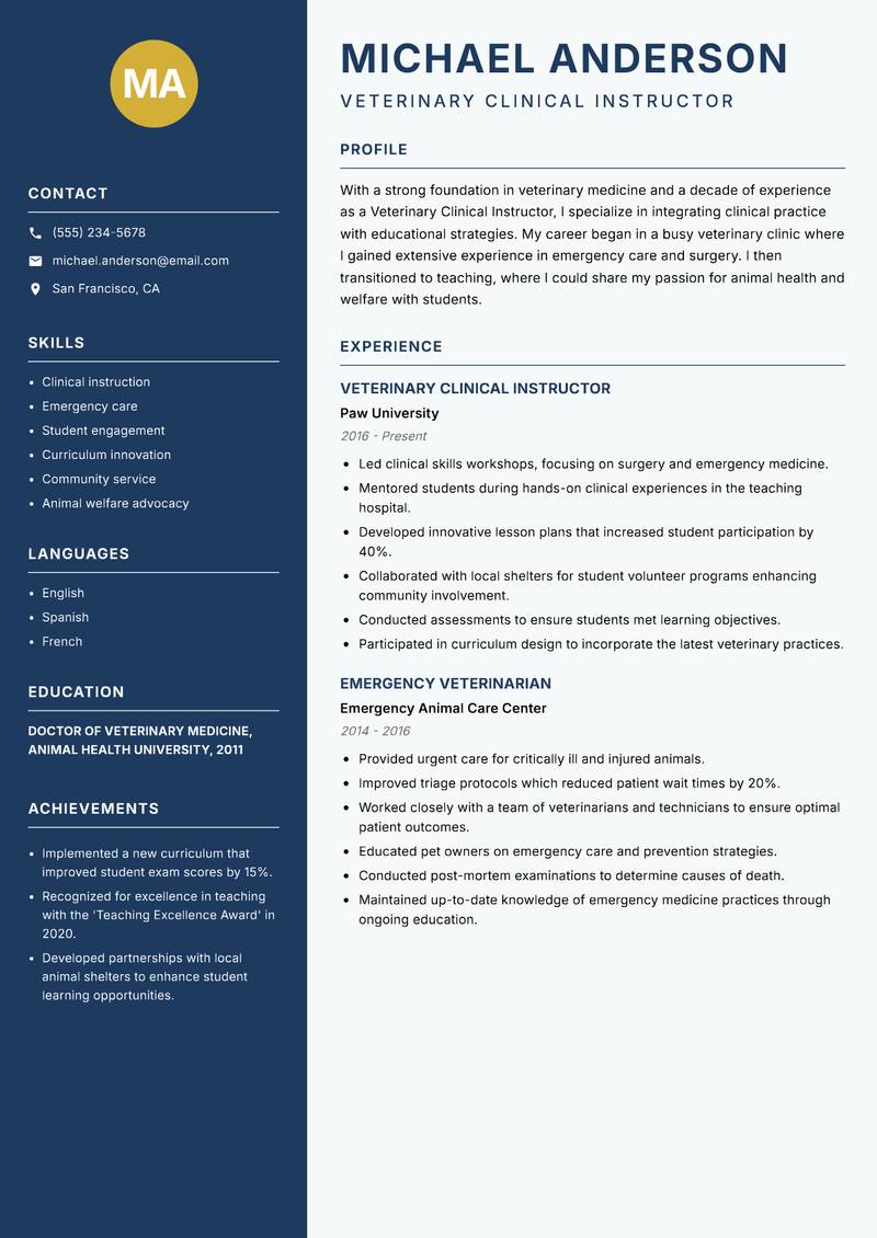 Veterinary Clinical Instructor resume template — Classic Clean