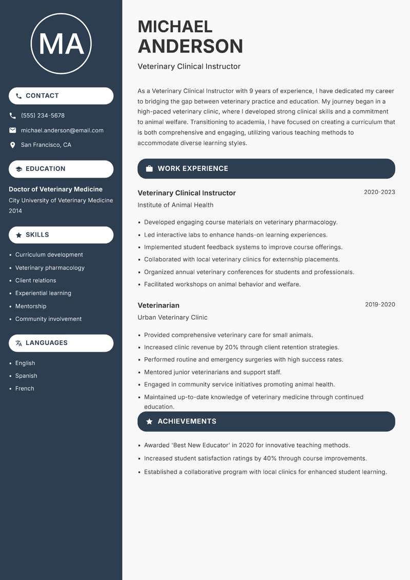 Veterinary Clinical Instructor resume template — Compact
