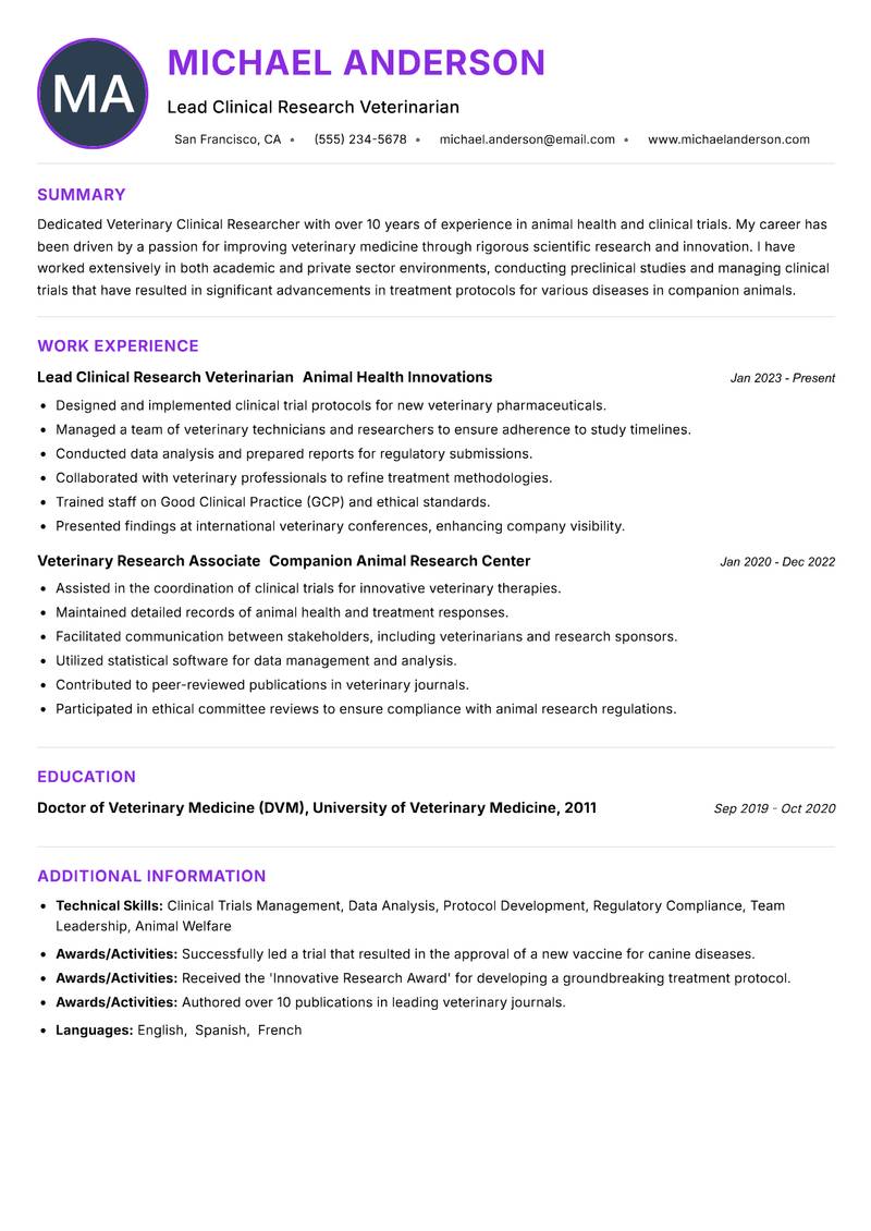 Veterinary Clinical Researcher resume example — ATS-friendly template