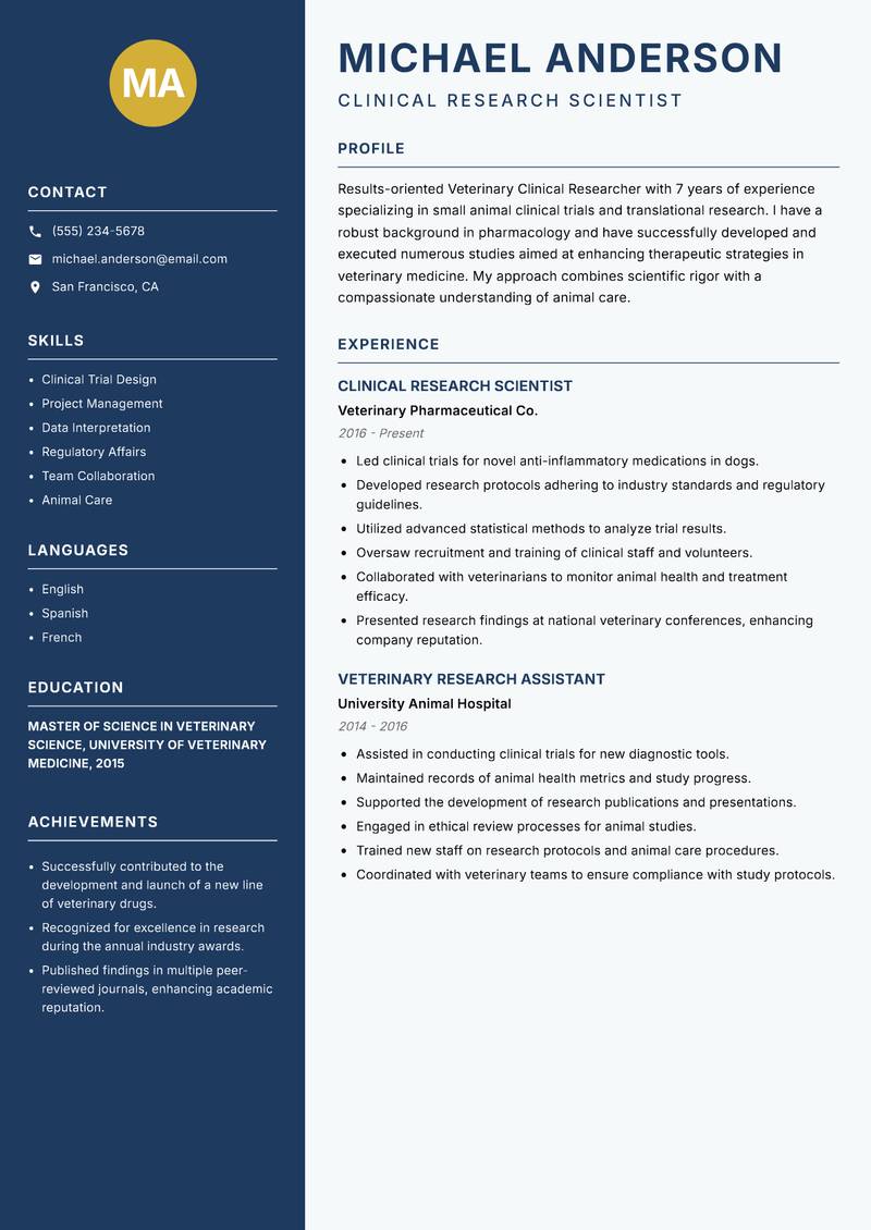 Veterinary Clinical Researcher resume template — Classic Clean