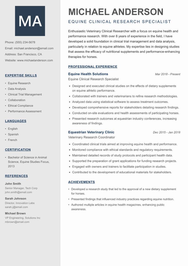 Veterinary Clinical Researcher resume template — Creative Minimal