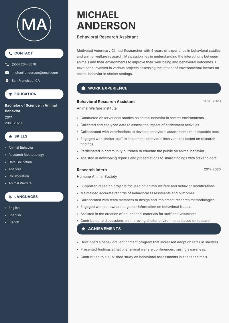 Veterinary Clinical Researcher resume template — Compact