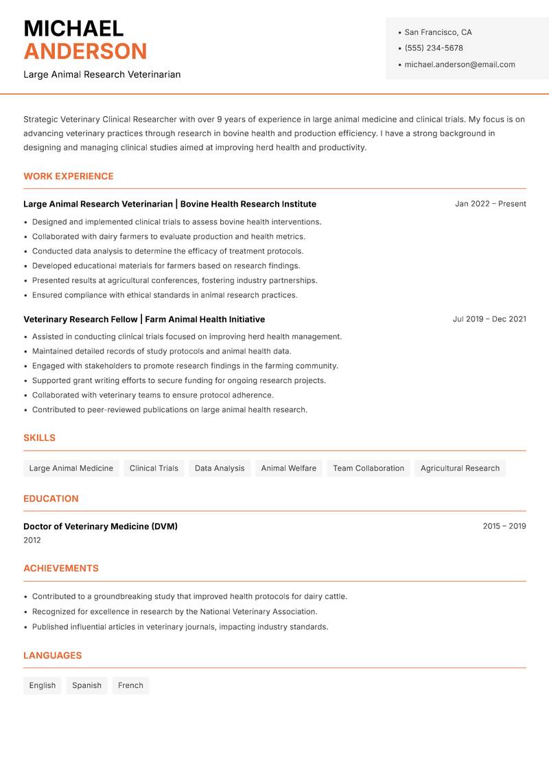 Veterinary Clinical Researcher resume template — Modern Professional