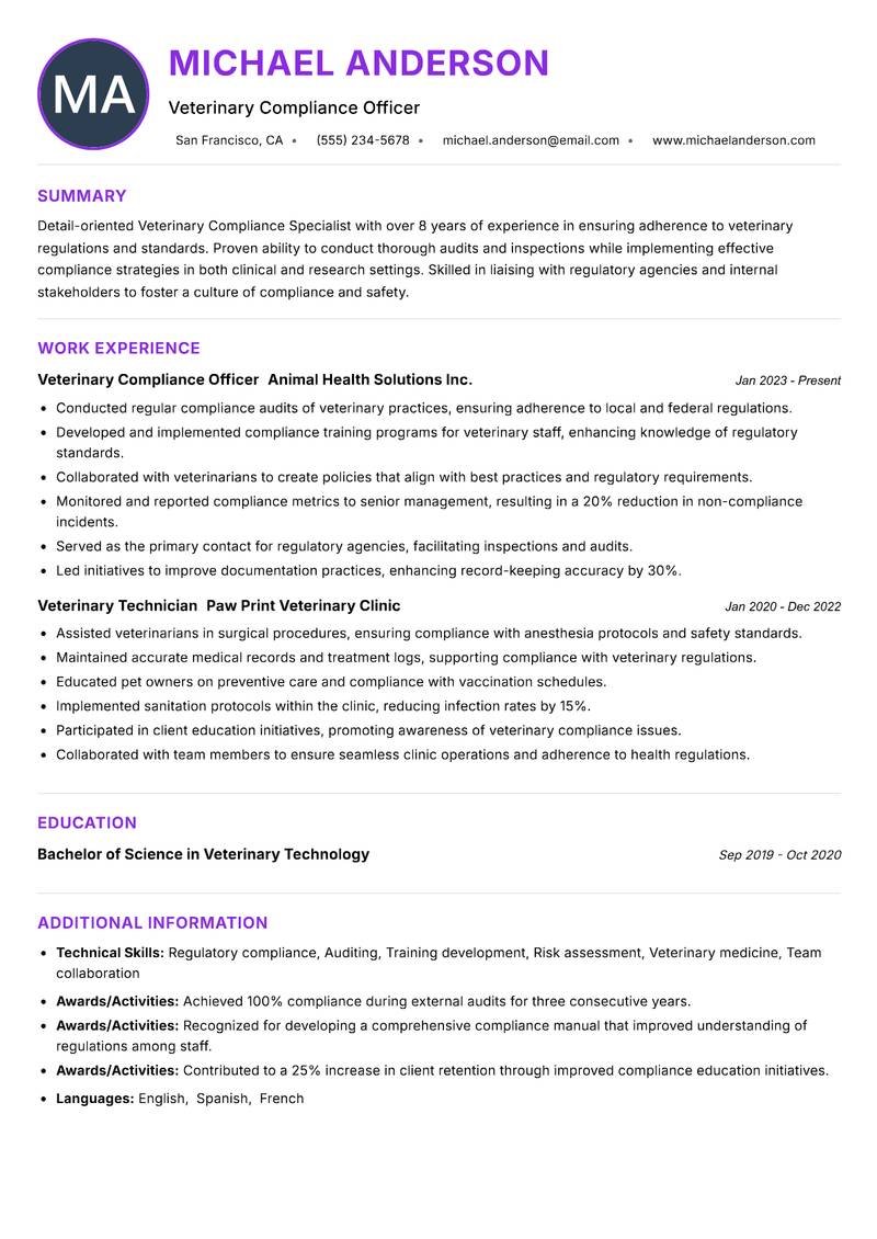 Veterinary Compliance Specialist resume example — ATS-friendly template