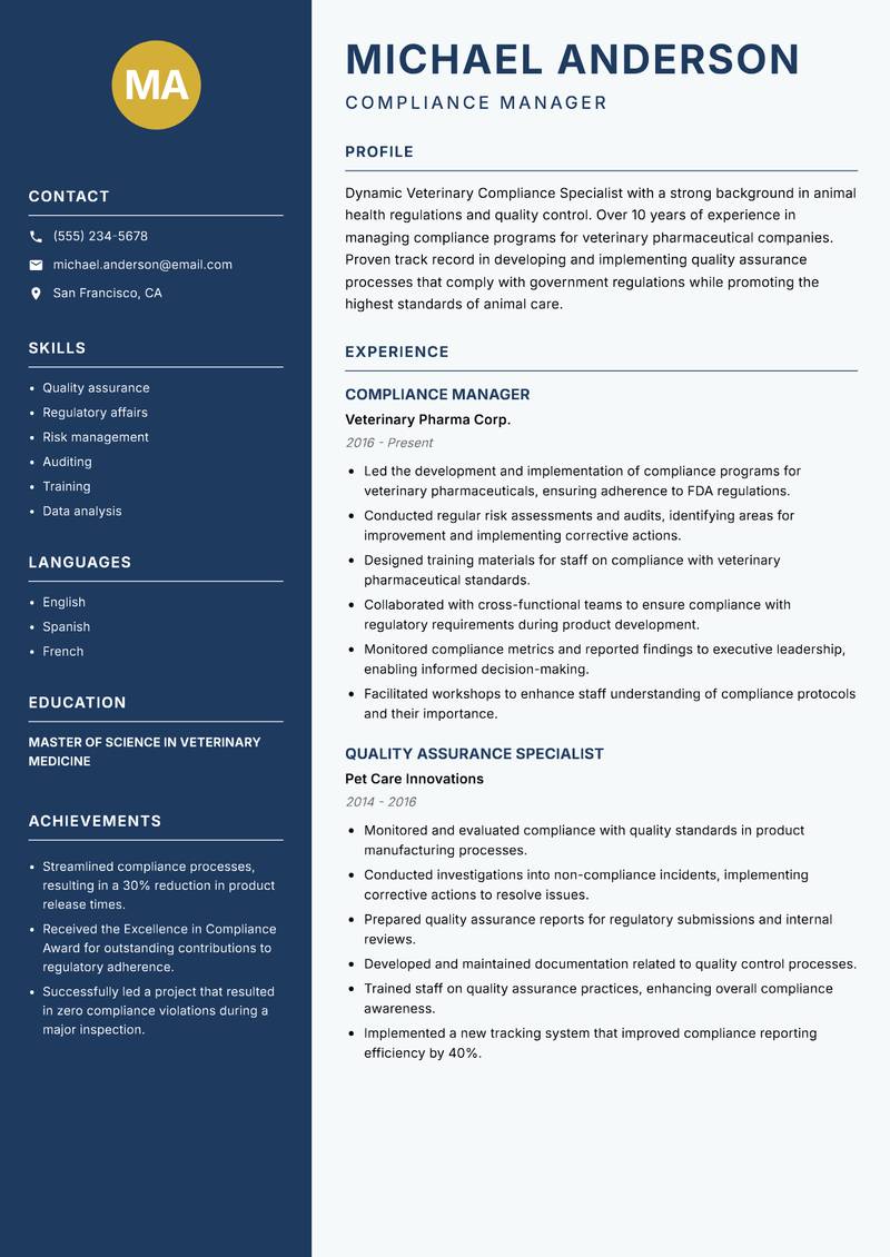 Veterinary Compliance Specialist resume template — Classic Clean