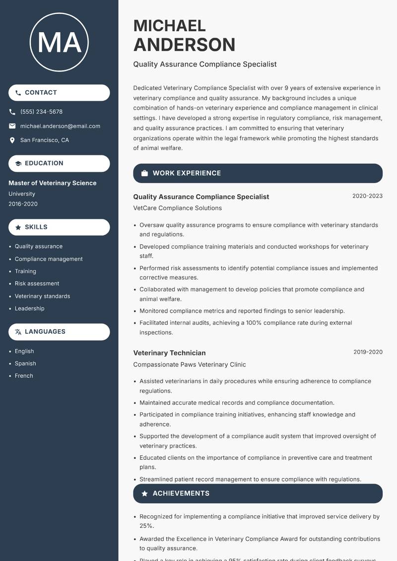 Veterinary Compliance Specialist resume template — Compact