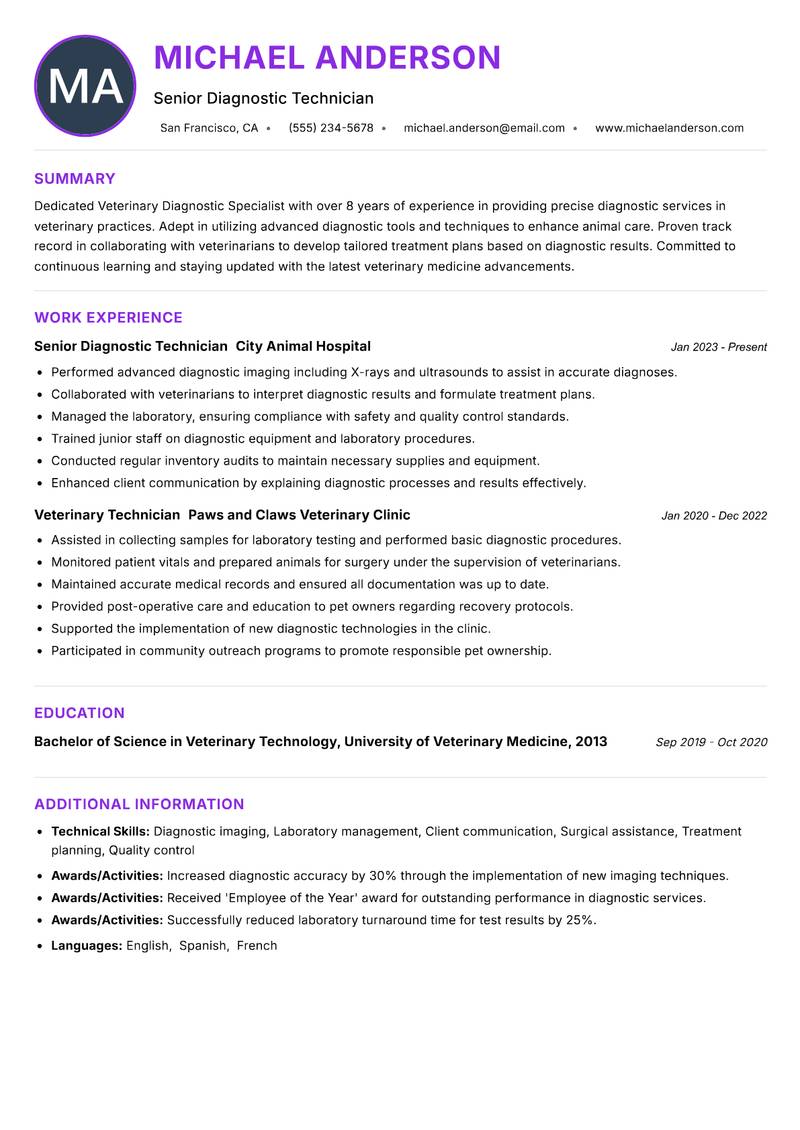 Veterinary Diagnostic Specialist resume example — ATS-friendly template