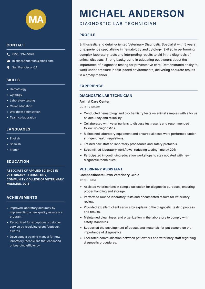 Veterinary Diagnostic Specialist resume template — Classic Clean