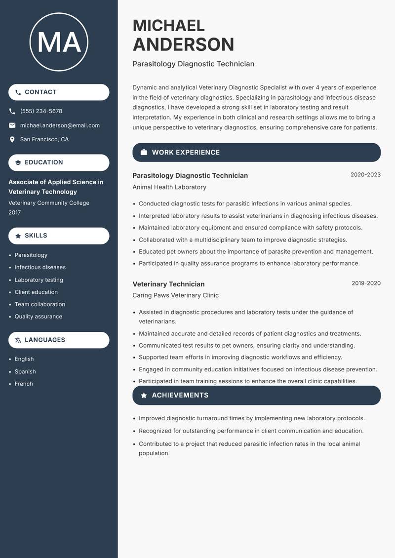 Veterinary Diagnostic Specialist resume template — Compact