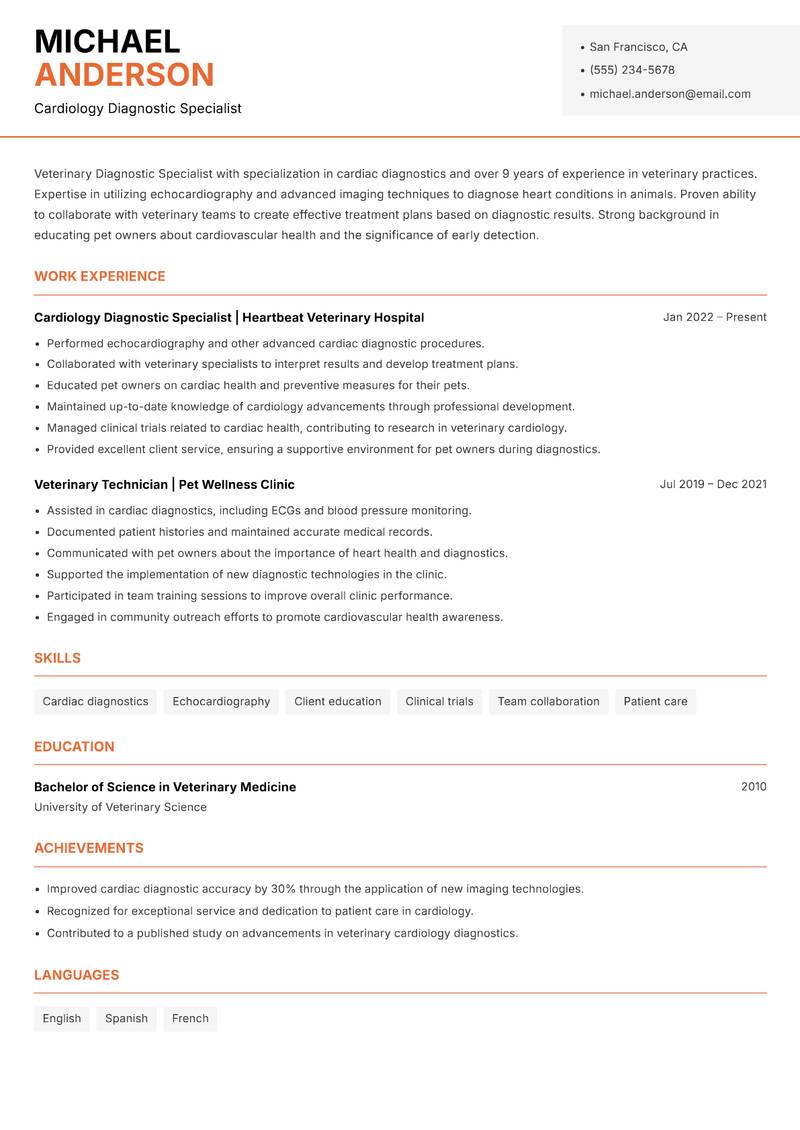 Veterinary Diagnostic Specialist resume template — Modern Professional