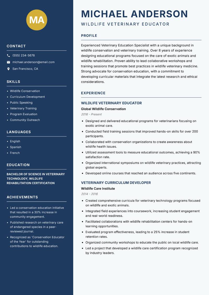 Veterinary Education Specialist resume template — Classic Clean