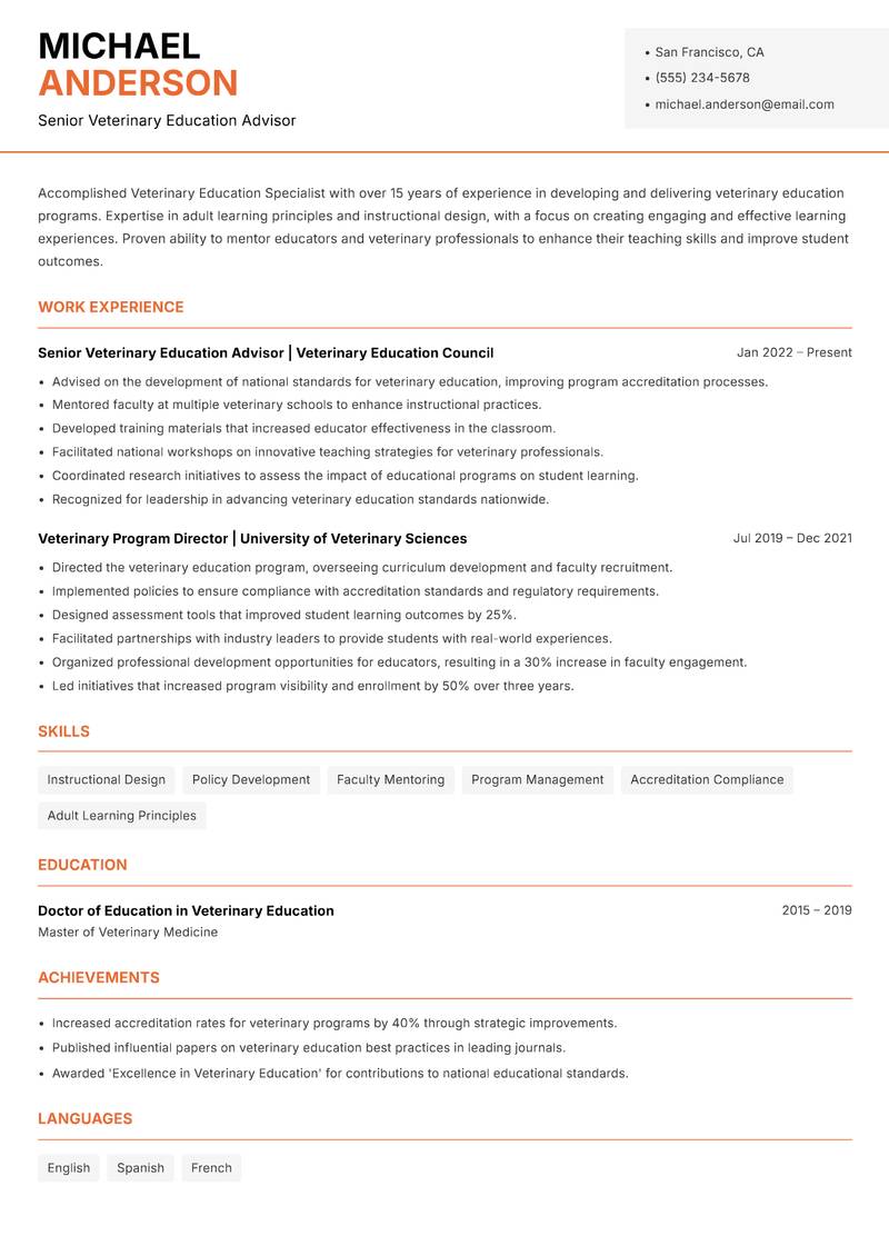 Veterinary Education Specialist resume template — Modern Professional