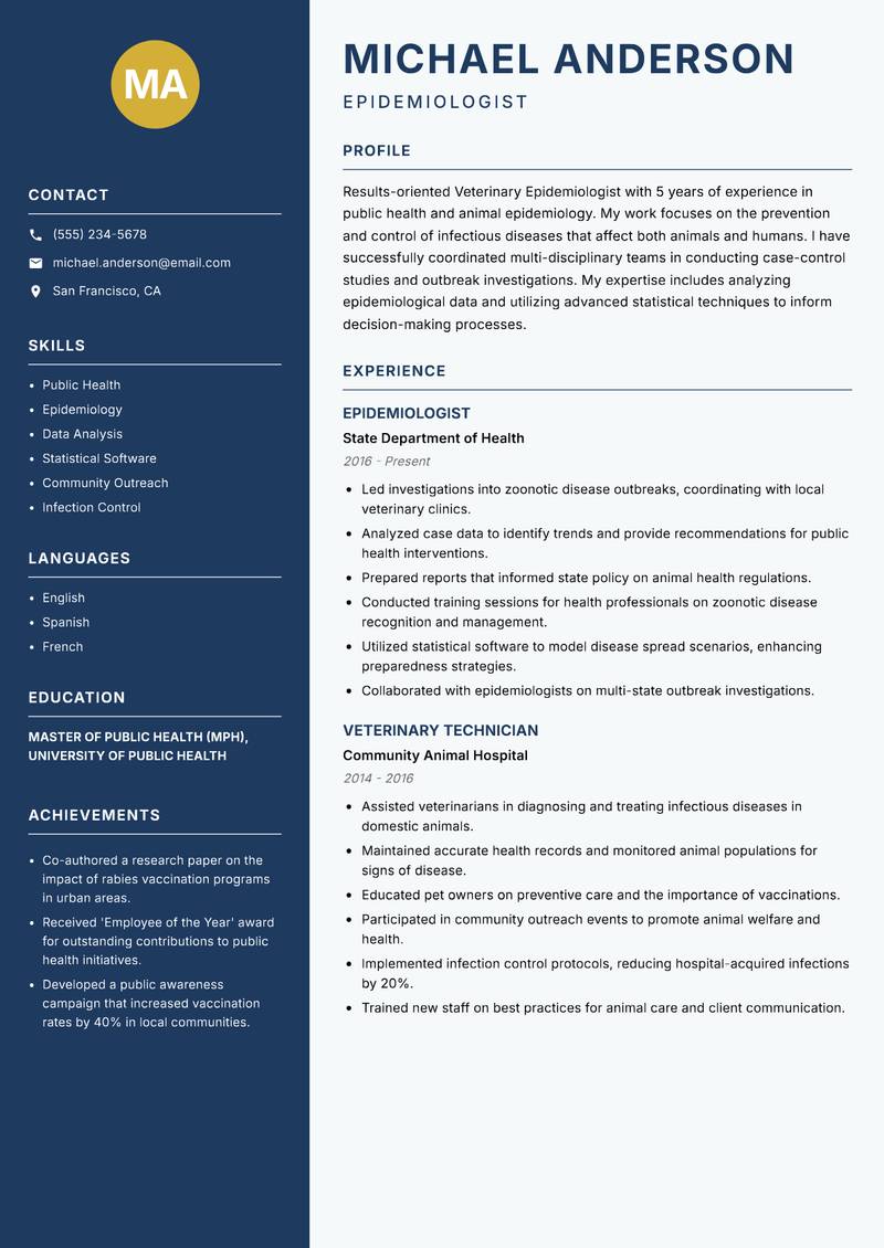 Veterinary Epidemiologist resume template — Classic Clean