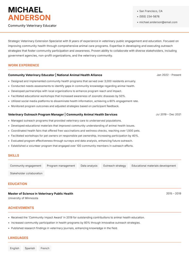 Veterinary Extension Specialist resume template — Modern Professional