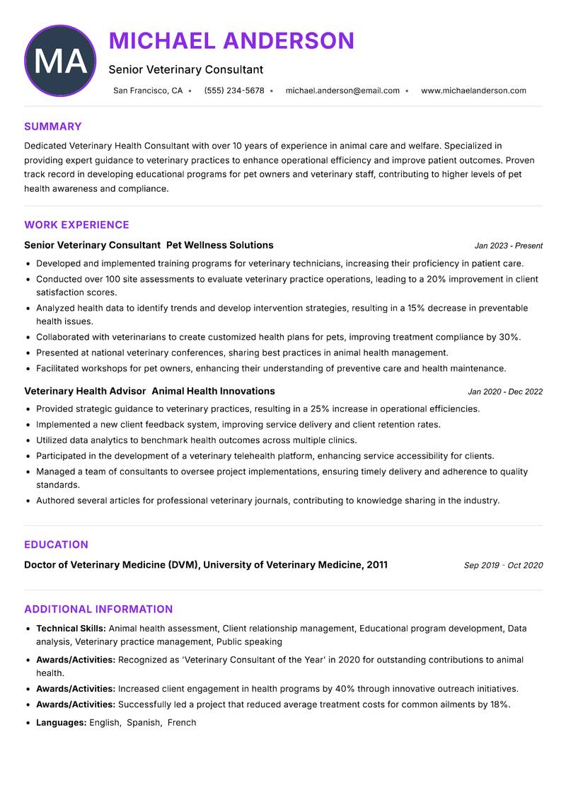 Veterinary Health Consultant resume example — ATS-friendly template