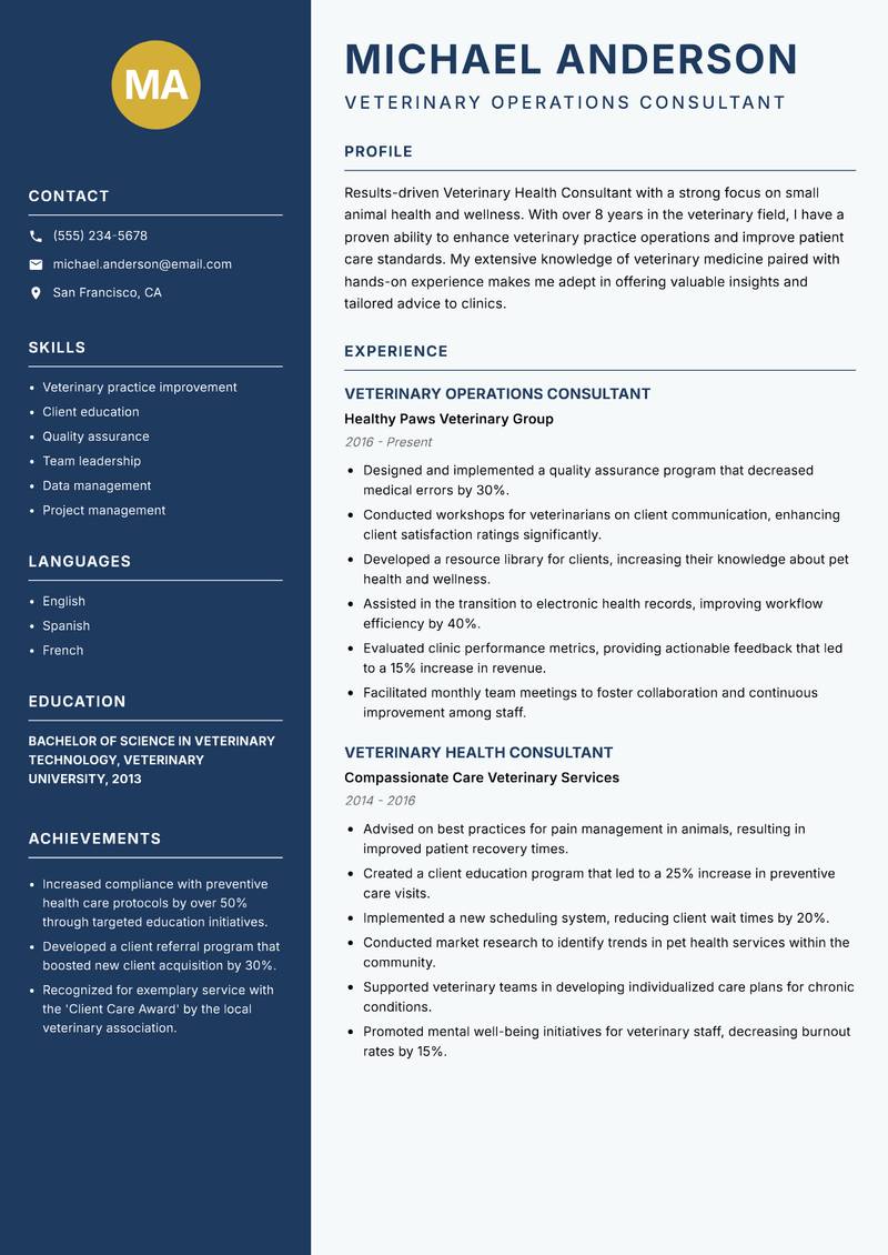 Veterinary Health Consultant resume template — Classic Clean