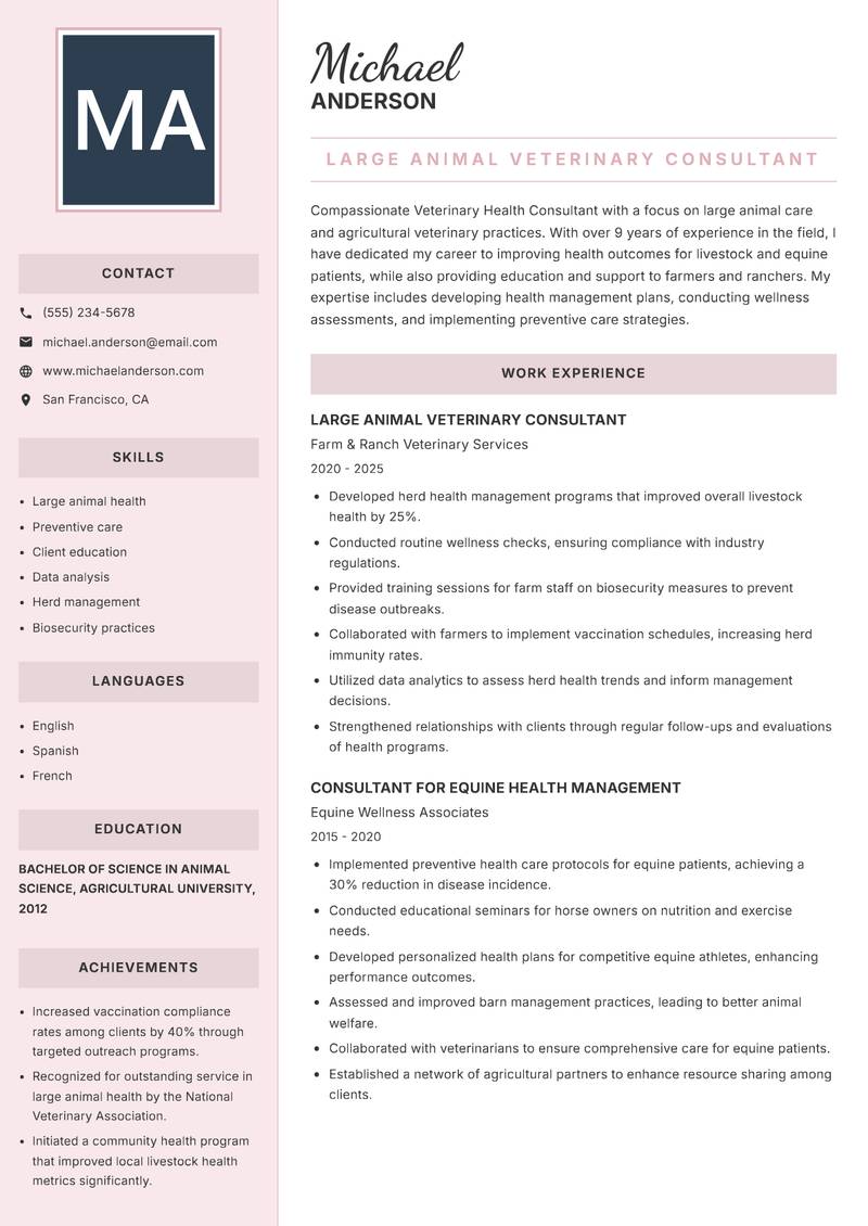 Veterinary Health Consultant resume template — Executive