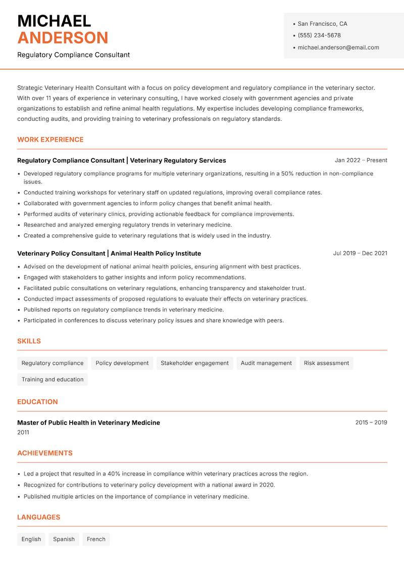 Veterinary Health Consultant resume template — Modern Professional