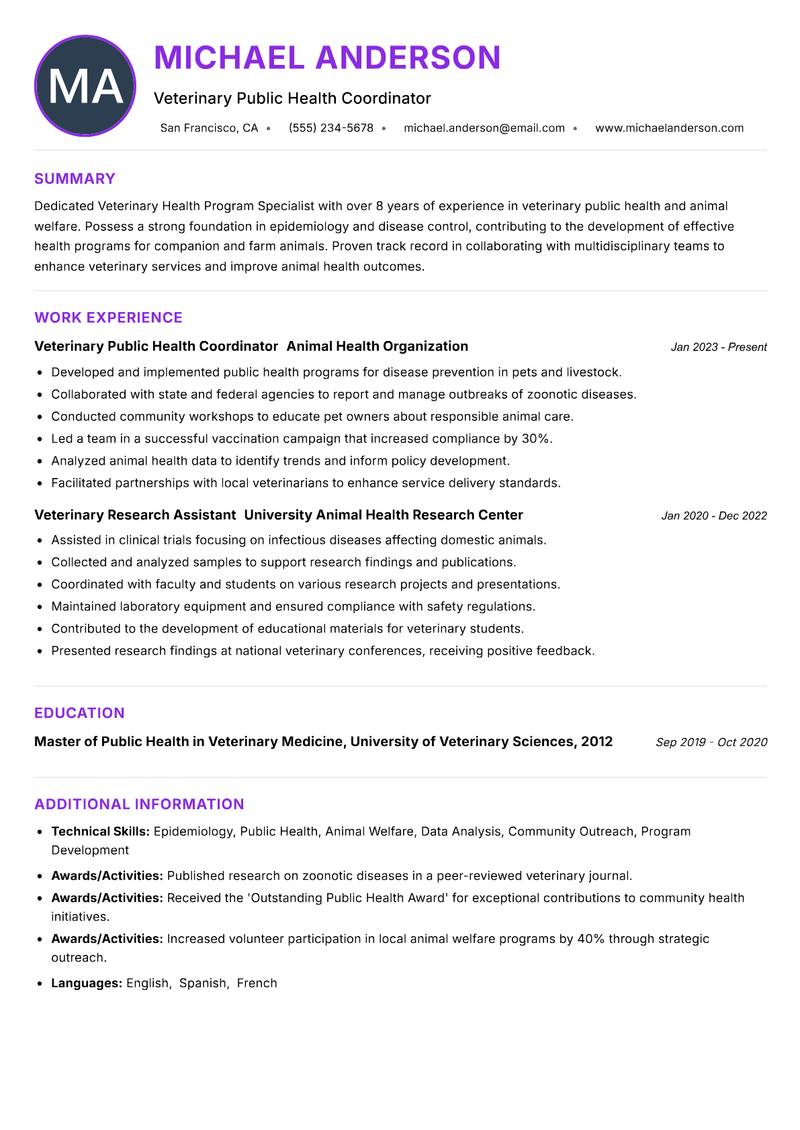 Veterinary Health Program Specialist resume example — ATS-friendly template