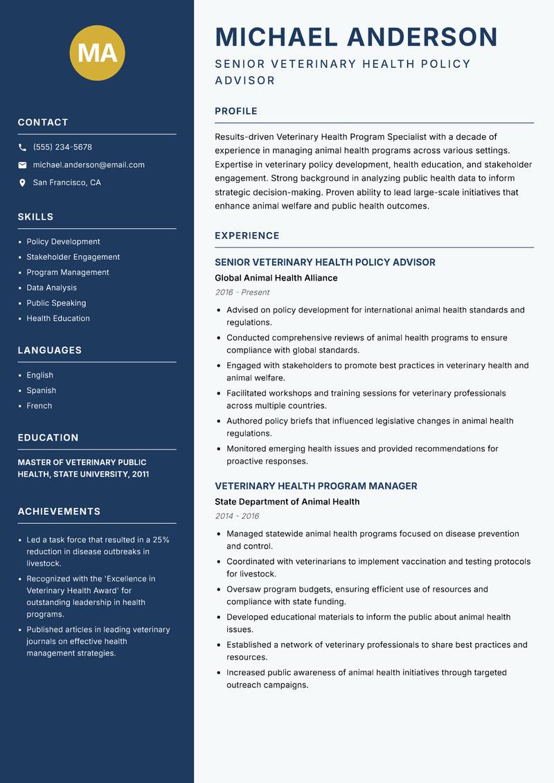 Veterinary Health Program Specialist resume template — Classic Clean