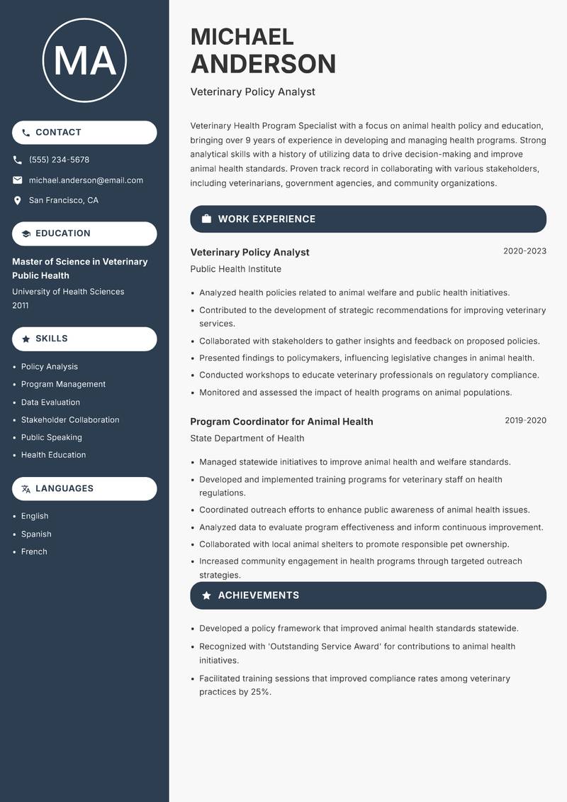 Veterinary Health Program Specialist resume template — Compact