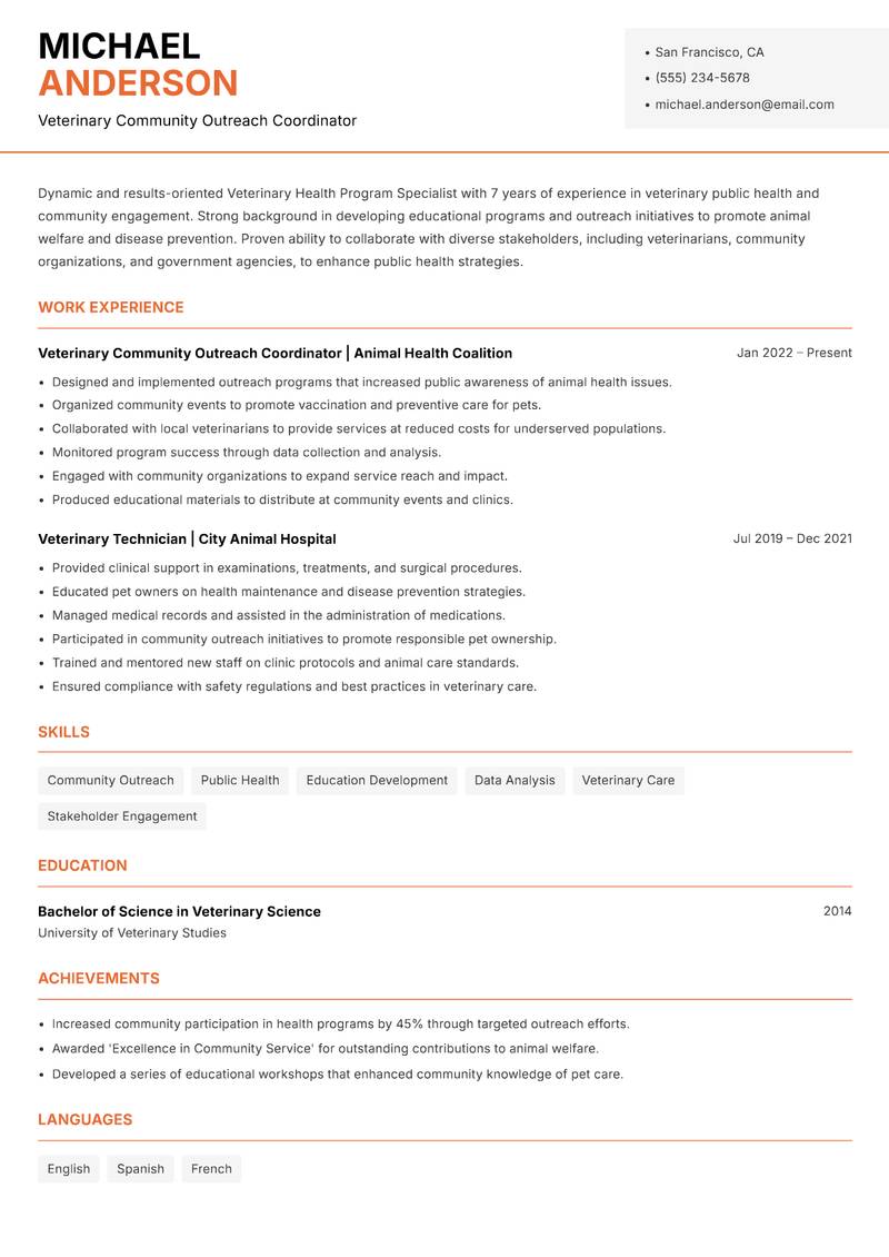 Veterinary Health Program Specialist resume template — Modern Professional