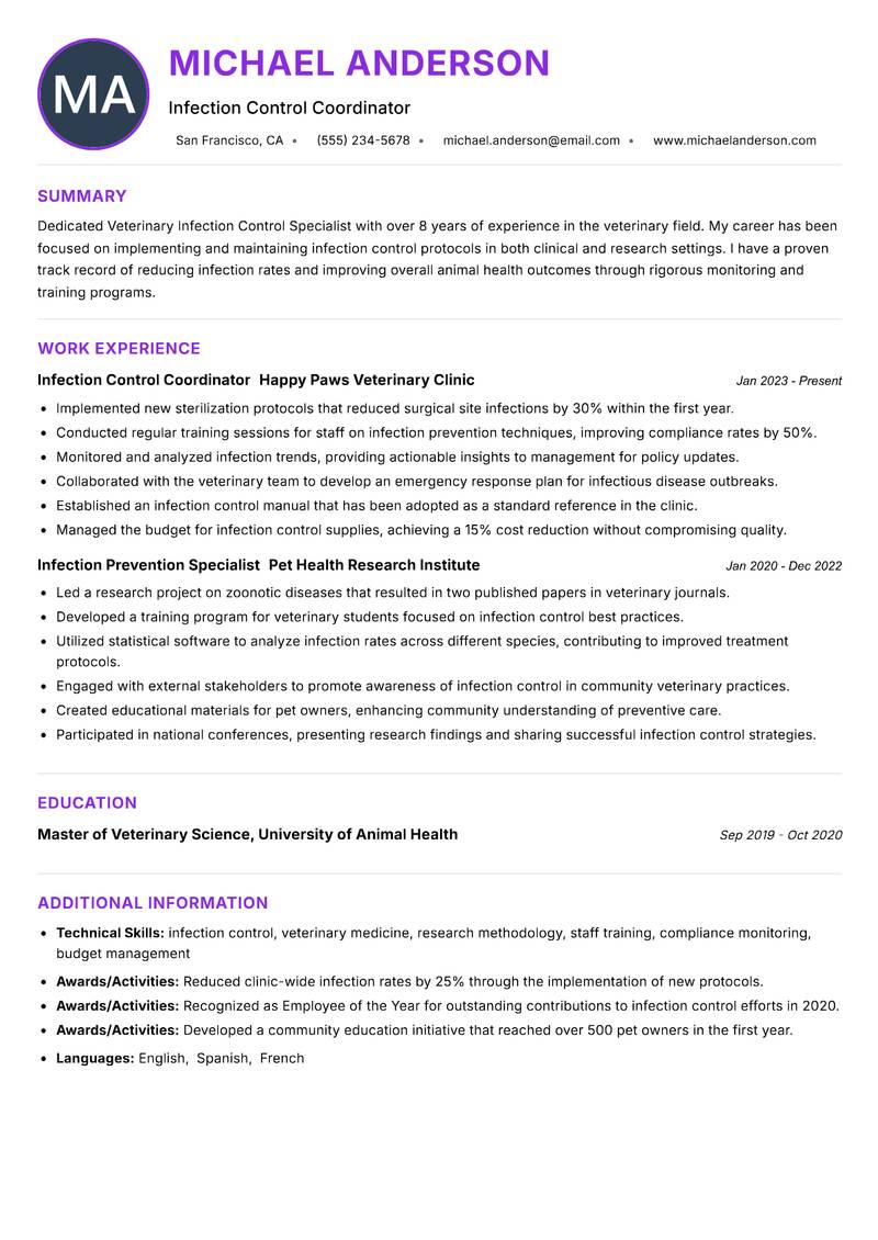 Veterinary Infection Control Specialist resume example — ATS-friendly template