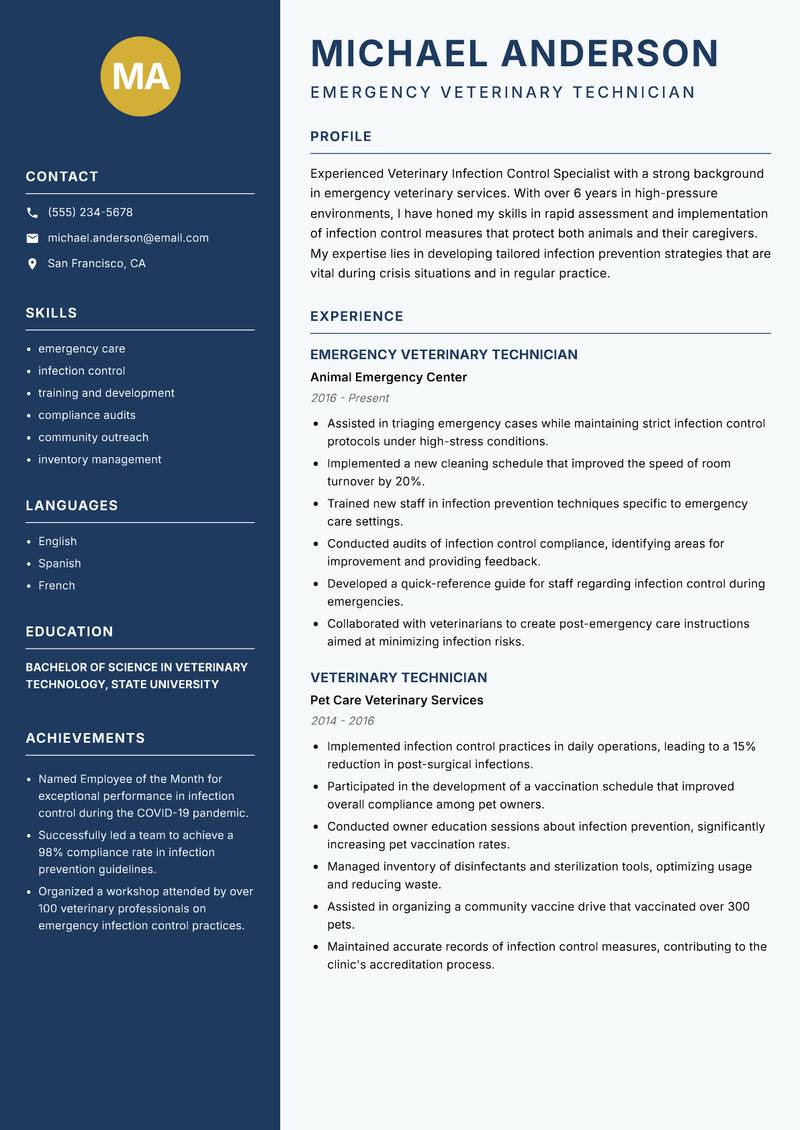 Veterinary Infection Control Specialist resume template — Classic Clean