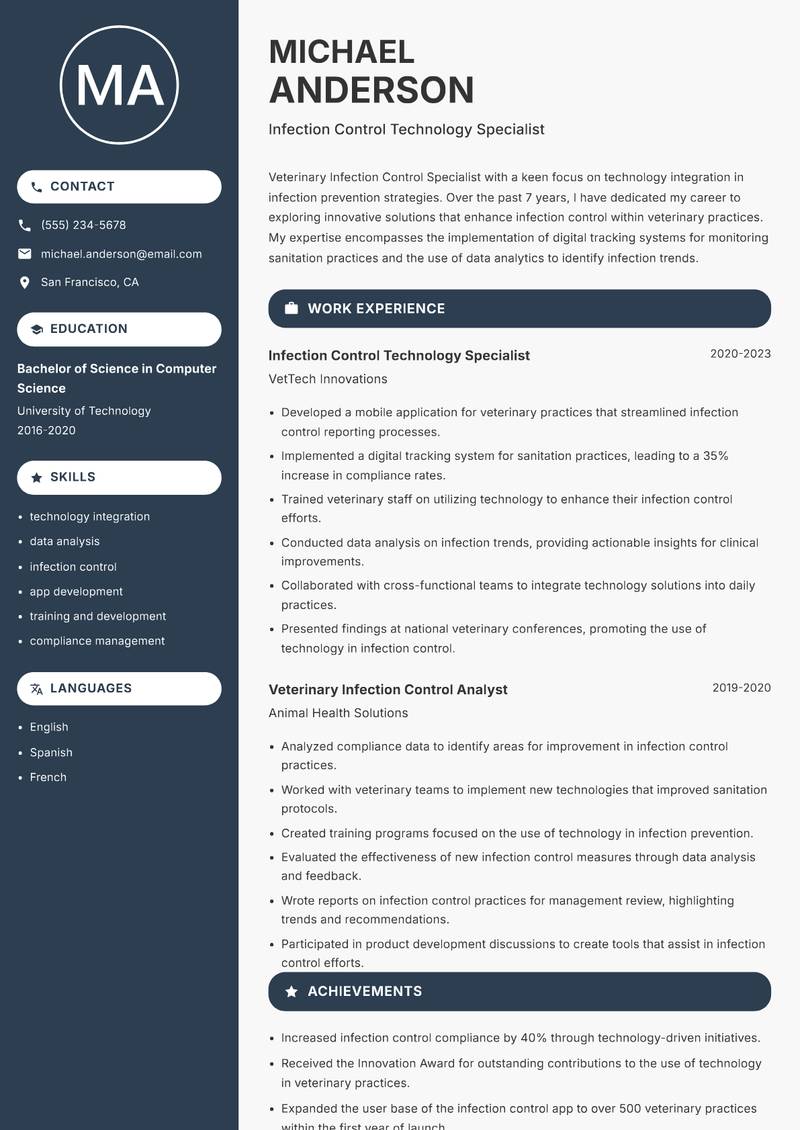 Veterinary Infection Control Specialist resume template — Compact