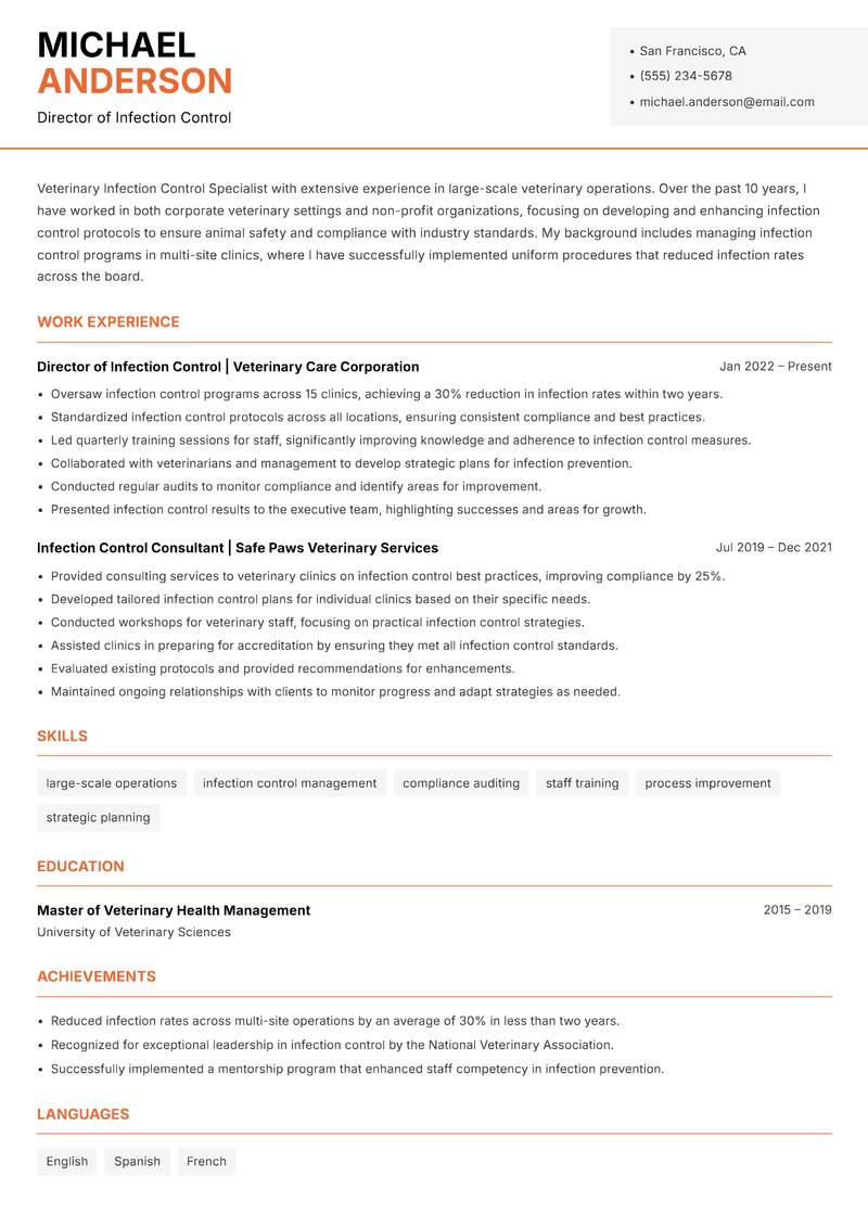 Veterinary Infection Control Specialist resume template — Modern Professional
