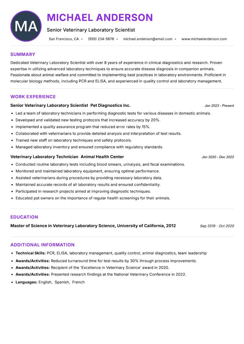 Veterinary Laboratory Scientist resume example — ATS-friendly template