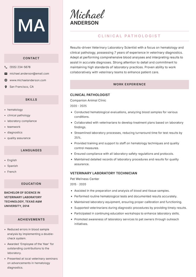 Veterinary Laboratory Scientist resume template — Executive