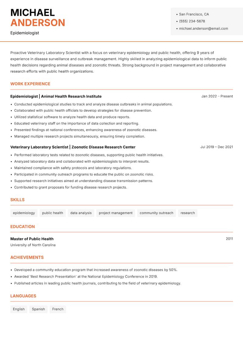 Veterinary Laboratory Scientist resume template — Modern Professional