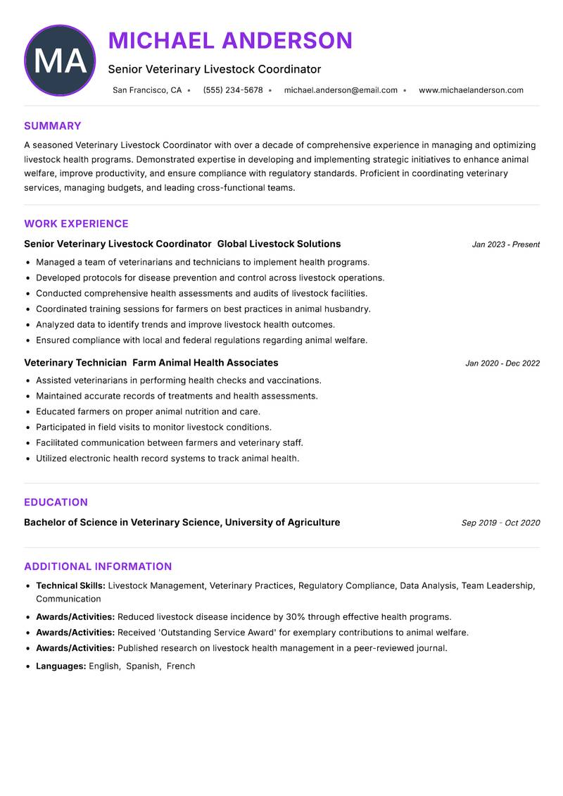 Veterinary Livestock Coordinator resume example — ATS-friendly template