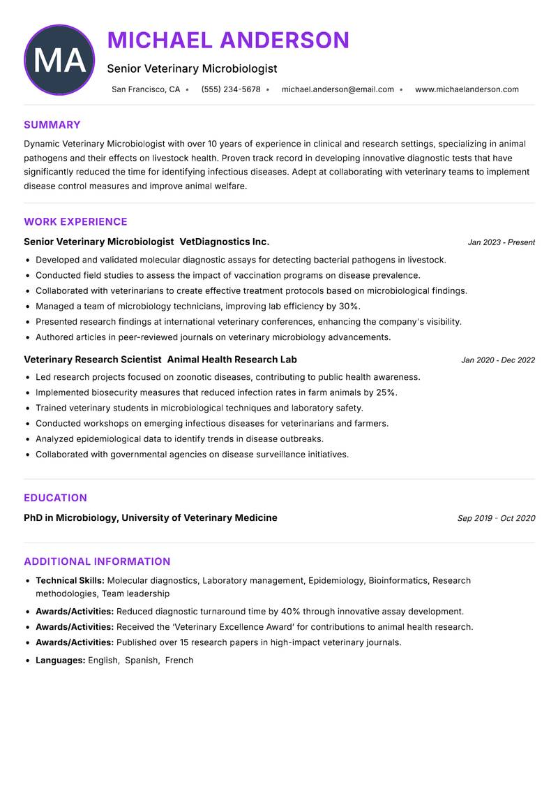 Veterinary Microbiologist resume example — ATS-friendly template