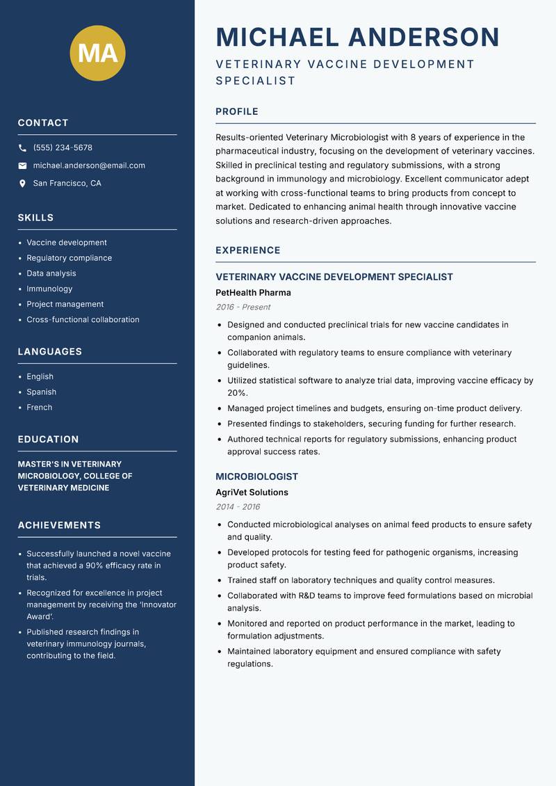 Veterinary Microbiologist resume template — Classic Clean